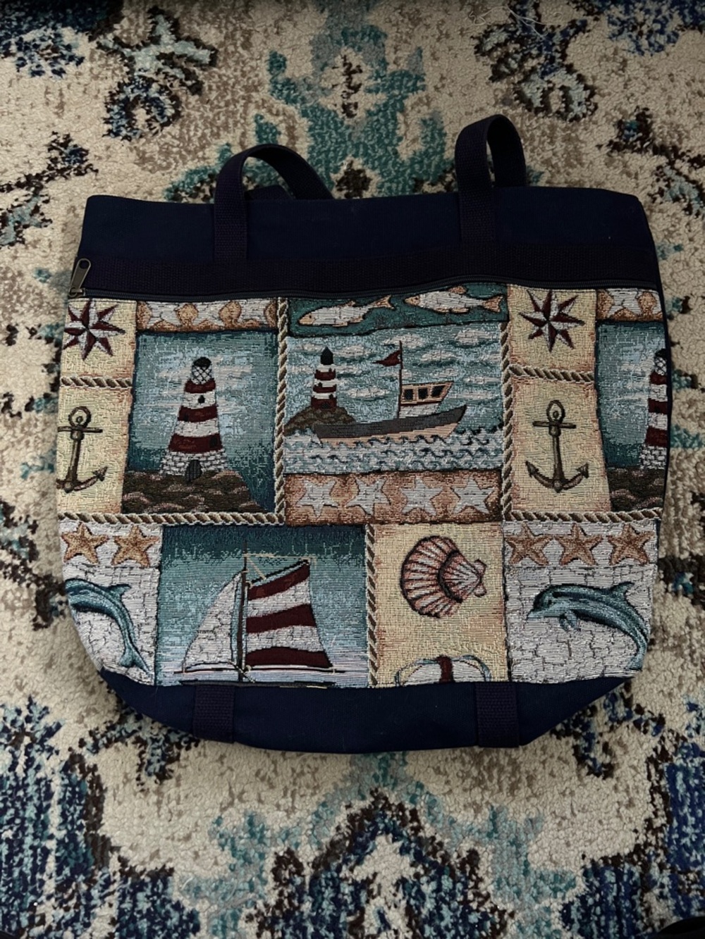 Nautical Tapestry Tote Bag in Navy with Sea Motif